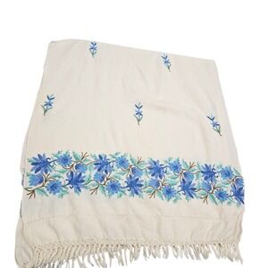 Embroidered Floral Wool Scarf Fringe Cream Blue Warm Cozy Cottagecore Artsy